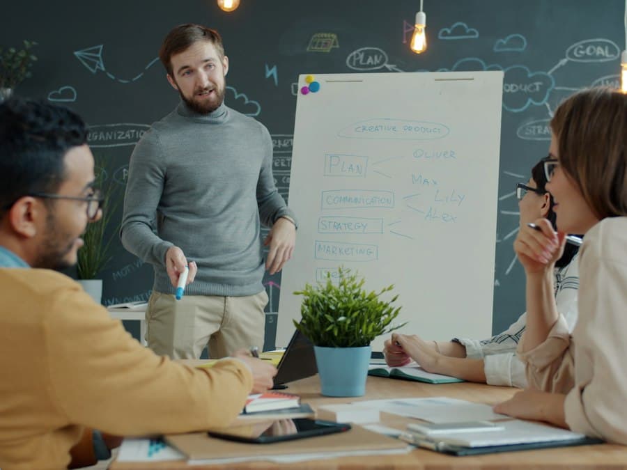 A team working through a plan at a whiteboard